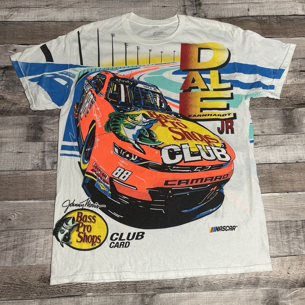 Dale Earnhardt Jr Shirt Size Medium White NASCAR Racing Tee Bass Pro Shop